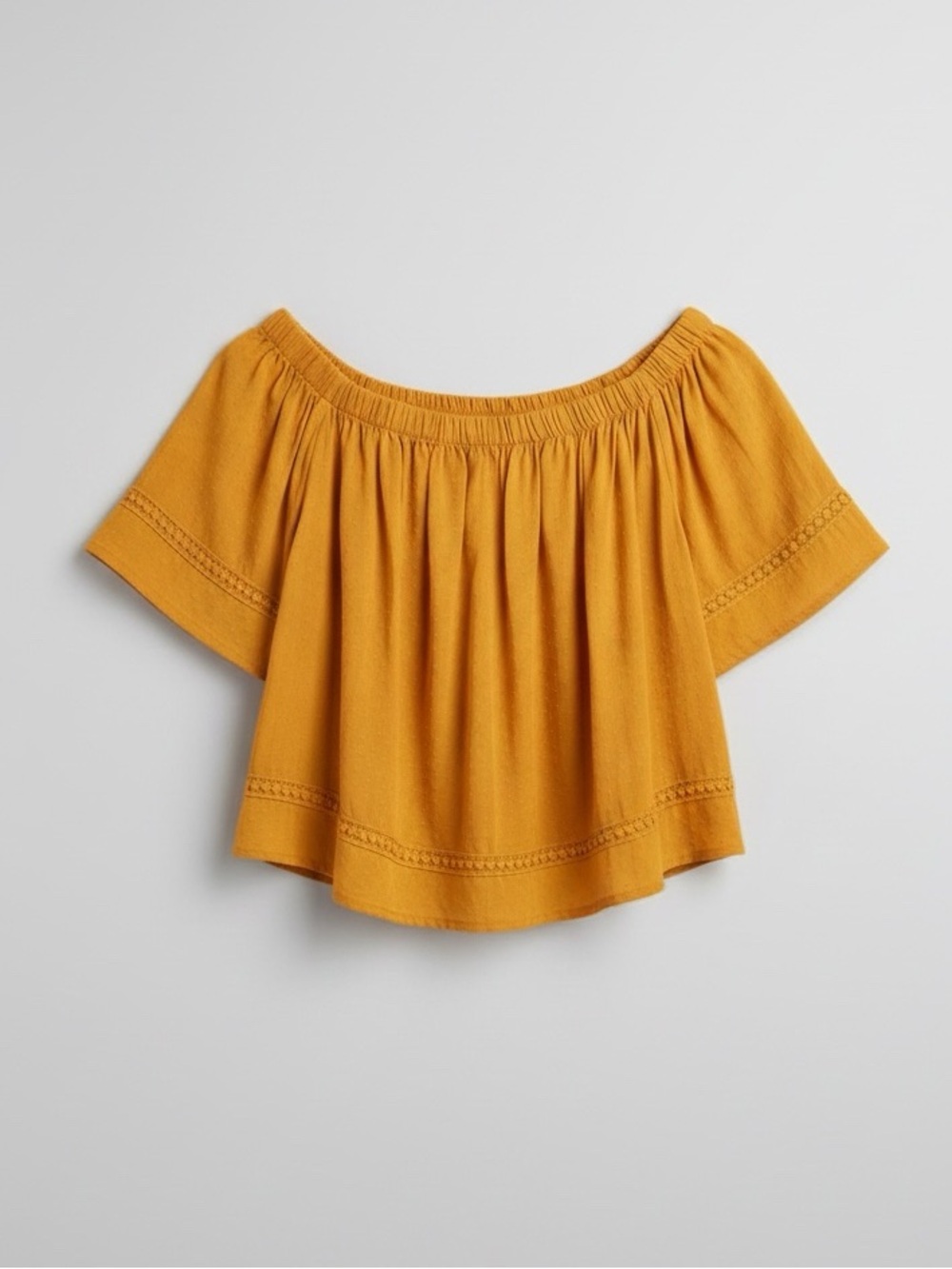 Express Off Shoulder‎ Crochet Trim Peasant Crop Top Mustard Yellow XS